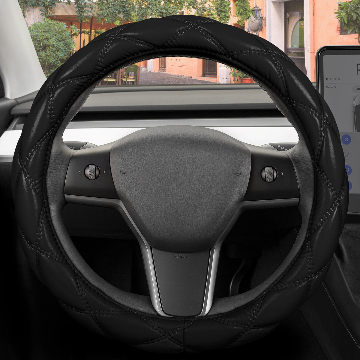 Carbella Black Stitched Leatherette Steering Wheel Cover (Fits 14.5' - 15.5')