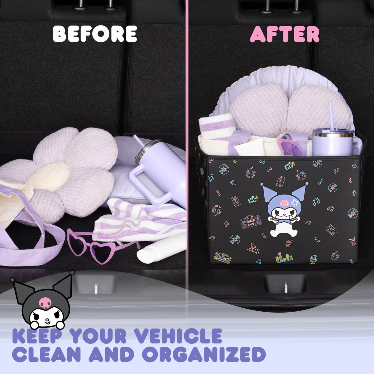 Sanrio Kuromi Car Trunk Organizer und Lagerbehälter - Zusammenklappbare einfache Kompartiment bequeme schwere Aufgabe, Fold Up für einfache Aufbewahrungsbox, Autositz Ladung für Lebensmittel Werkzeuge - 12,5L x 12,5W x 9H