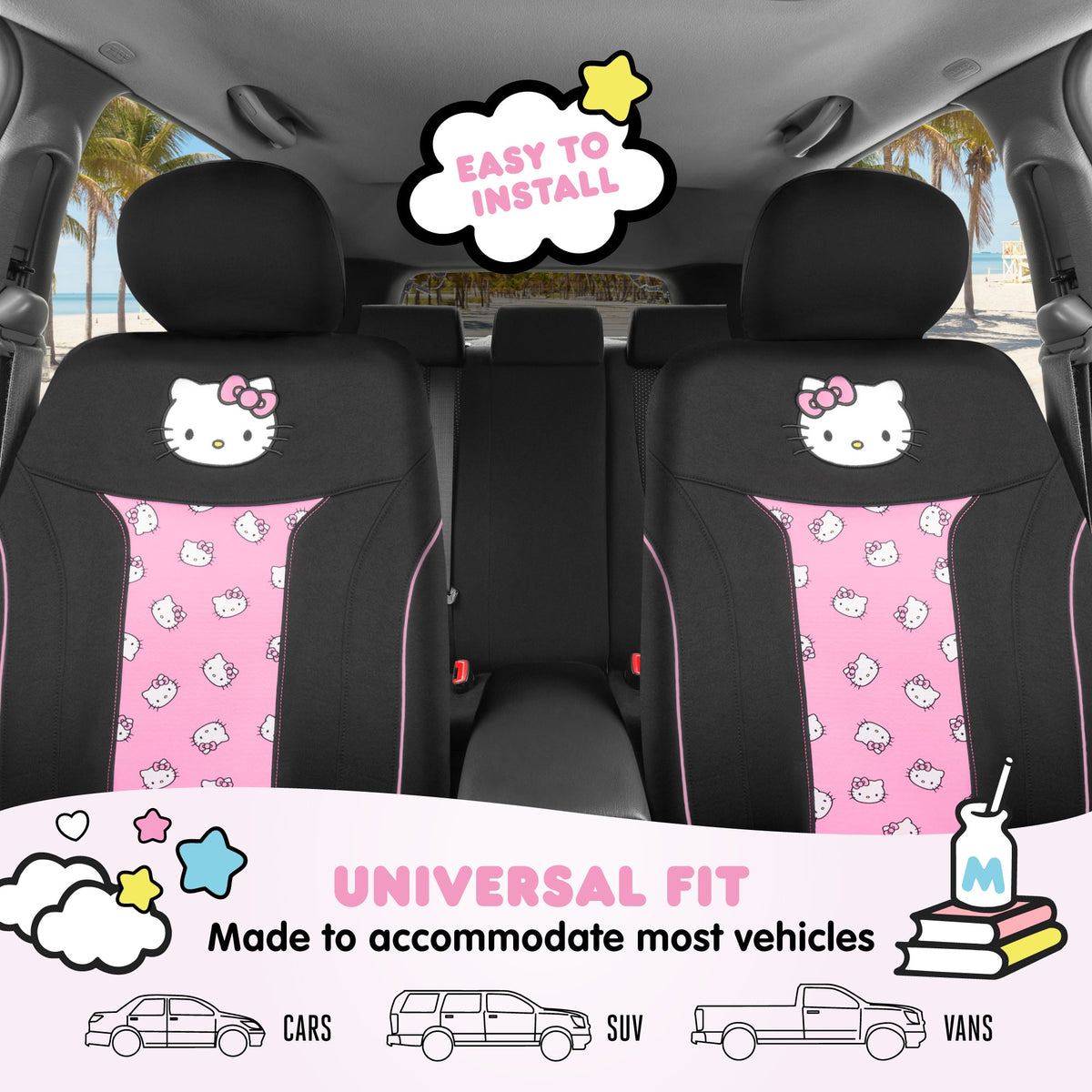 Hello Kitty Car Seat Covers - Niedliche und langlebige Pink Vordersitzbezüge, entzückendes Hello Kitty Design, komfortables und lang anhaltendes Polyester, Autozubehör Geschenk Hello Kitty Zubehör 2pc Schwarz / Pink