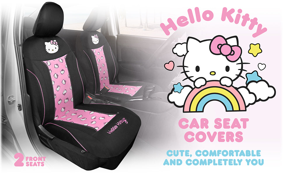 Hello Kitty Car Seat Covers - Niedliche und langlebige Pink Vordersitzbezüge, entzückendes Hello Kitty Design, komfortables und lang anhaltendes Polyester, Autozubehör Geschenk Hello Kitty Zubehör 2pc Schwarz / Pink