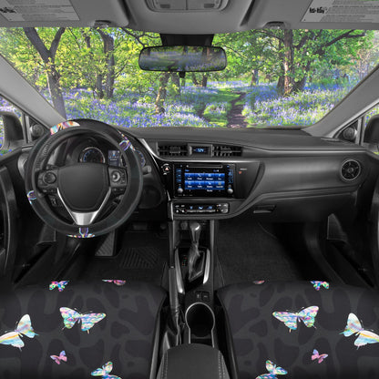 Carbella 3-Stück Bunte Schmetterlinge mit schwarzen Leoparden-Hintergrund-Vordersitzabdeckungen und Lenkradabdeckung (Fits 14.5' - 15.5')
