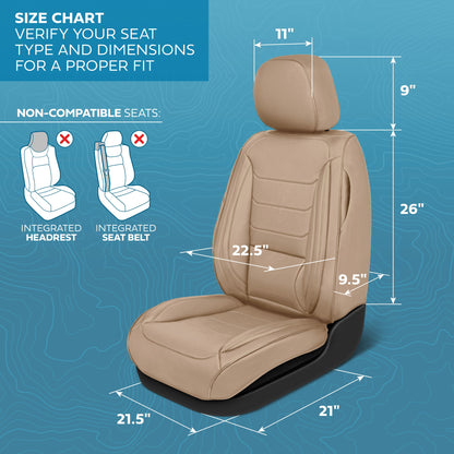 MotorBox Elite Edition Faux Ledersitz Abdeckungen für Autos, LKW und SUV - 2 Beige Autositz Abdeckungen für Vordersitze - Universal Fit Car Zubehör Automotive Interior Cover Protector für die meisten Fahrzeuge