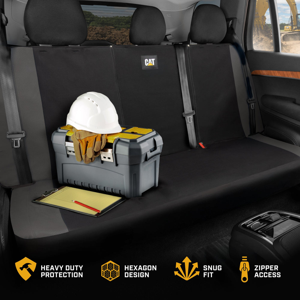 Cat Flexfit Gray Rear Seat Cover für Auto - Langlebiger Canvas & Mesh Design 60/40 Split Bench Protector für Autos, LKW & SUVs - Rücksitz Abdeckung für Hinterbank - Interieur Car Zubehör