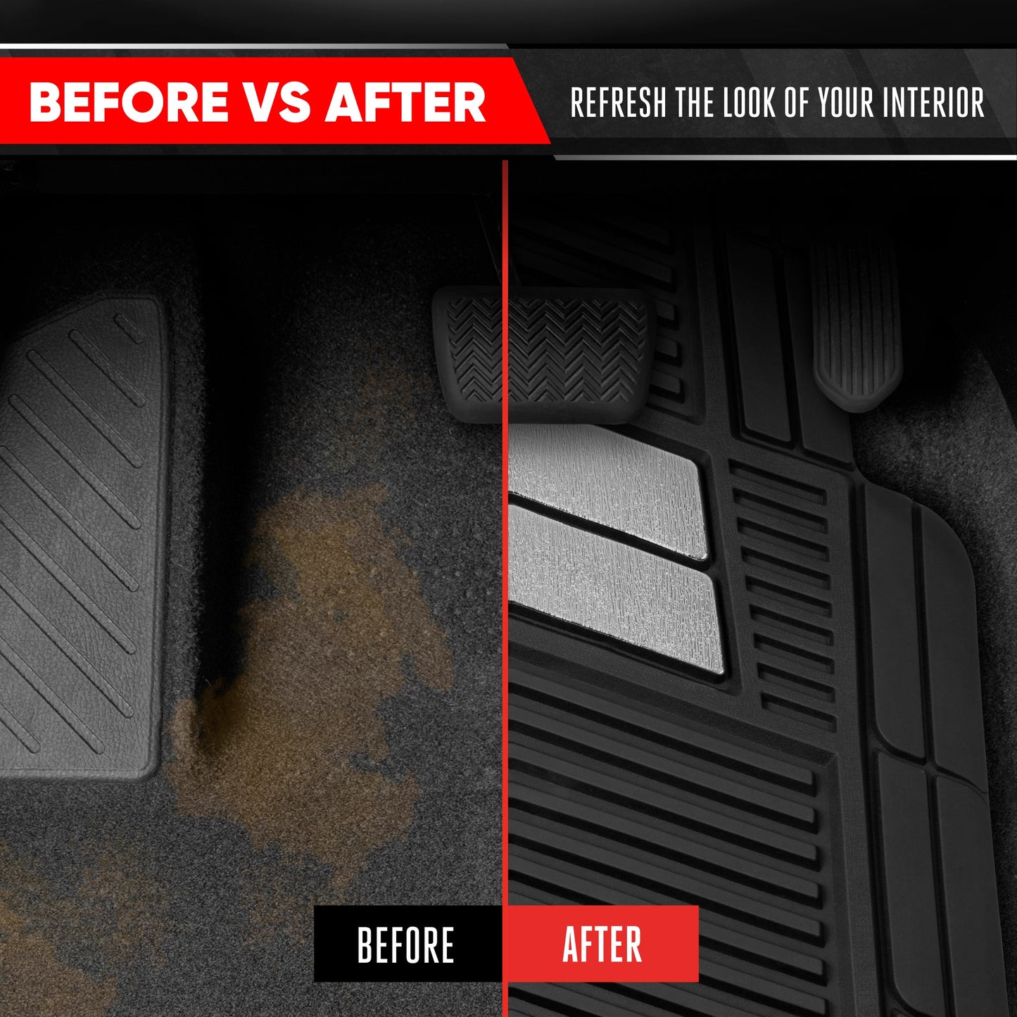 Motor Trend FlexTough Shield Black & Silver Allwetter-Bodenmatten für Autos, LKW & SUVs - Heavy Duty Waterproof Rubber Car Matts, Universal Trim für Automobilzubehör für den Innenraumschutz, Front & Rear Floor Liners