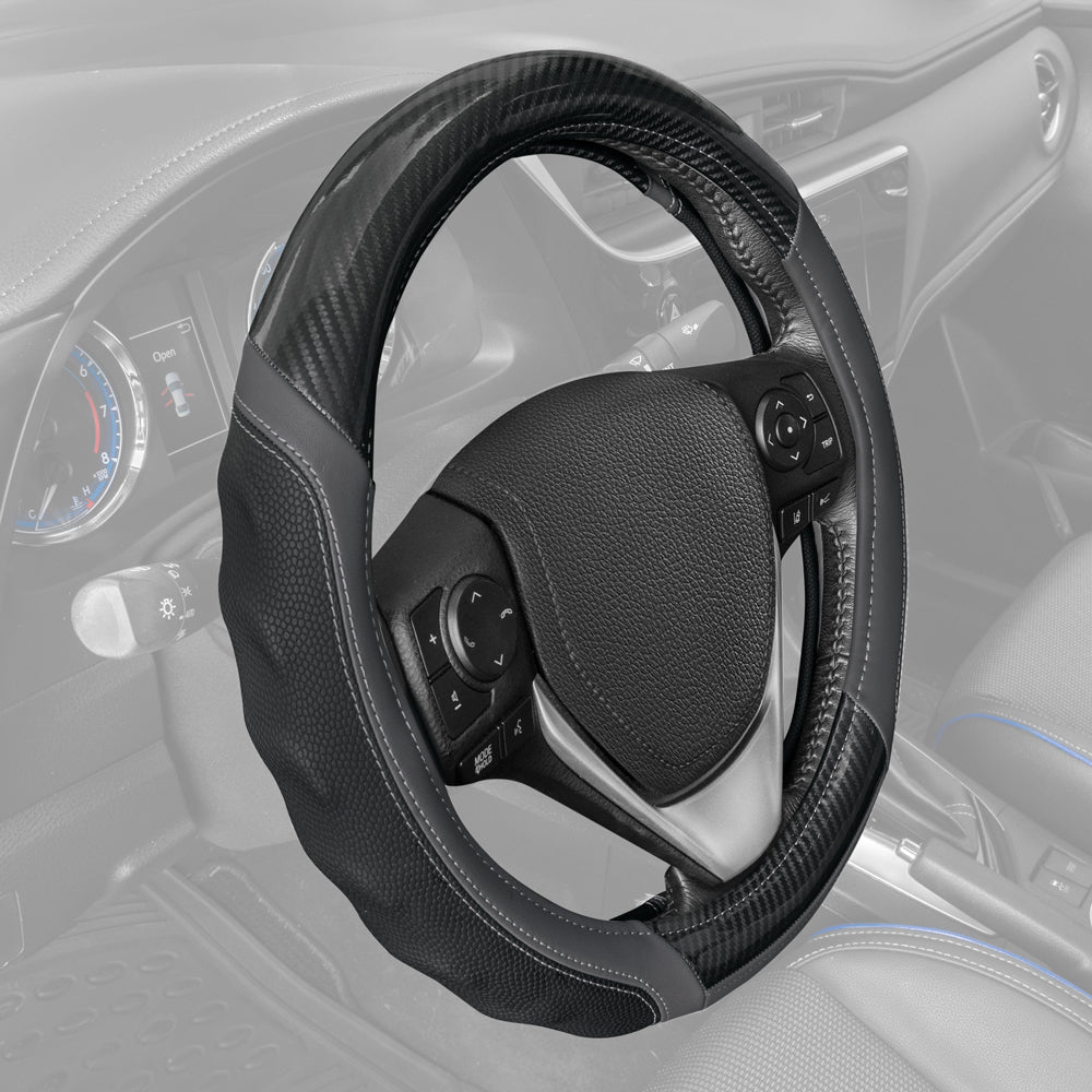 Motor Trend UltraSport Carbon Fiber Steering Wheel Cover, Standard 15 Zoll Größe, Black Faux Leather Comfort Grip, Car Steering Wheel Cover für Auto Truck Van SUV (Mehrere Farben)