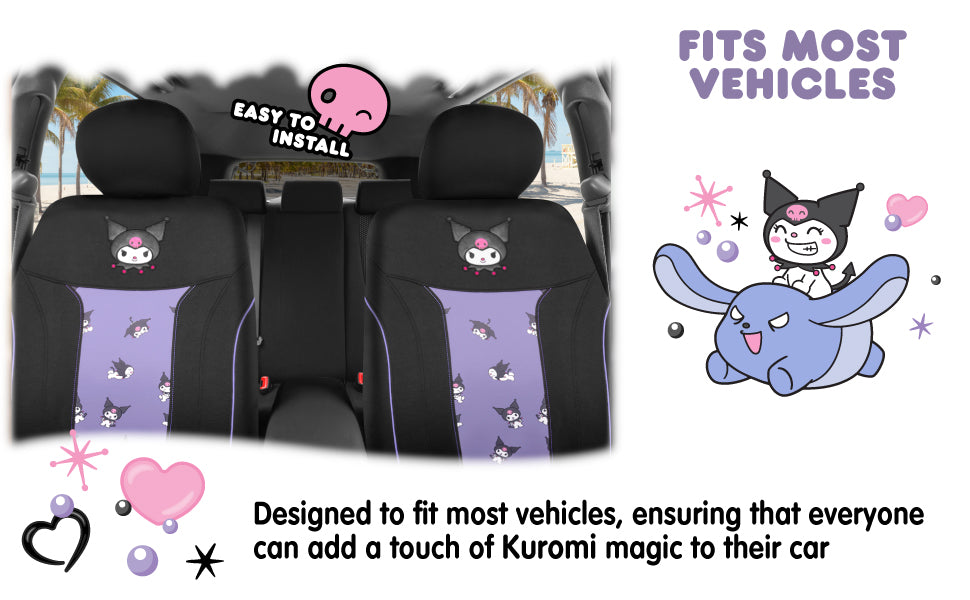 Hello Kitty Kuromi Autositzbezüge - Niedliche schwarze und violette Vordersitzbezüge mit Lavendelakzenten, langlebiges und komfortables Polyester, Autozubehör Hallo Kitty Zubehör 2pc