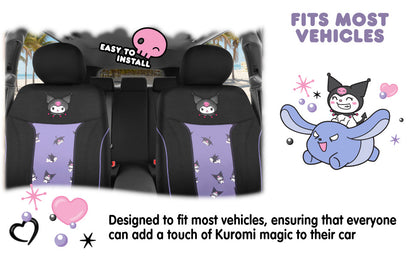 Hello Kitty Kuromi Autositzbezüge - Niedliche schwarze und violette Vordersitzbezüge mit Lavendelakzenten, langlebiges und komfortables Polyester, Autozubehör Hallo Kitty Zubehör 2pc