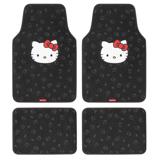 Hello Kitty Car Fußbodenmatten - Universal Fit für Autos, SUVs & Trucks - Schwarz mit rotem Bogen & Hello Kitty Print - Front & Rear Set, 4 Stück Auto Zubehör