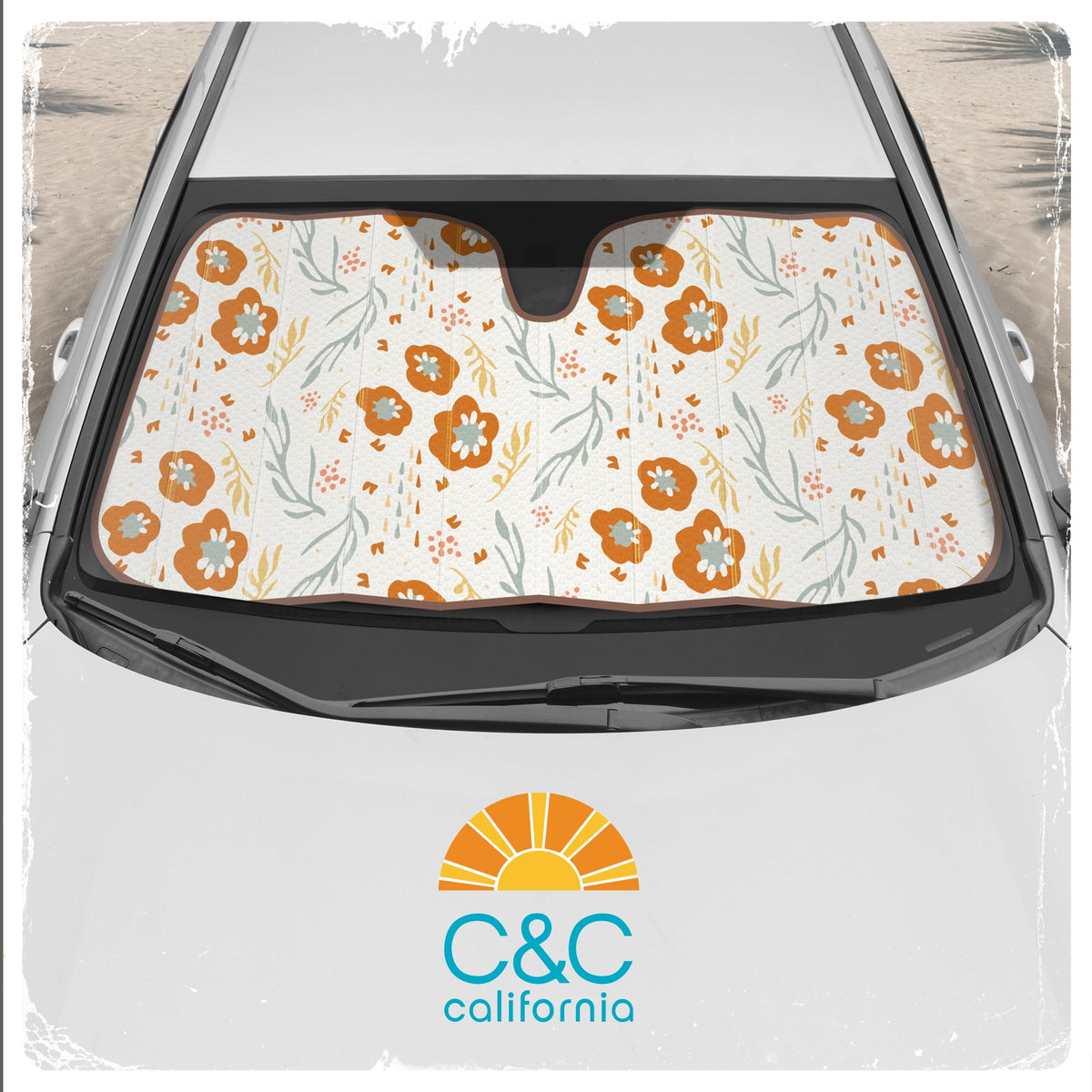 C&C Orange Floral Car Windschutzscheibe Sonnenschutz - Sun Visor SunShade für Auto-Windschutzscheibe - Fensterschirme für Autos, SUV & Truck - Dash Cover UV-Schutz für Front-Fensterschutz Zubehör - 57' x 27'