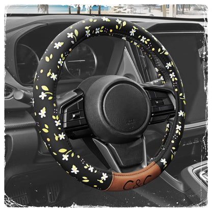 C & C California Car Steering Wheel Cover Blumen Daisy Blumen, nicht rutschig schwarze Lederlenkrad Abdeckung für Männer, niedlich Komfortable Soft Easy Installation Universal Fit (Fits 14.5'-15.5' Zoll)