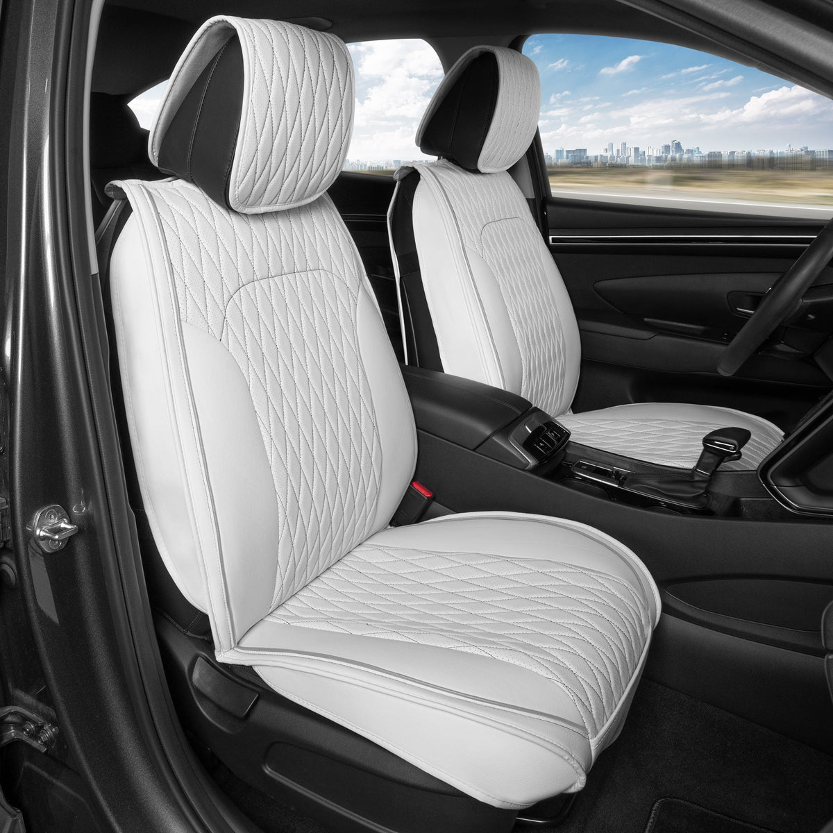 Car Seat Covers - DiamondLux Edition Premium Faux Leather Seat Protectors - Doppelkreuz-Nähte gepolsterte Automobilzubehör für LKW, SUVs, Autos - Front Seat Set
