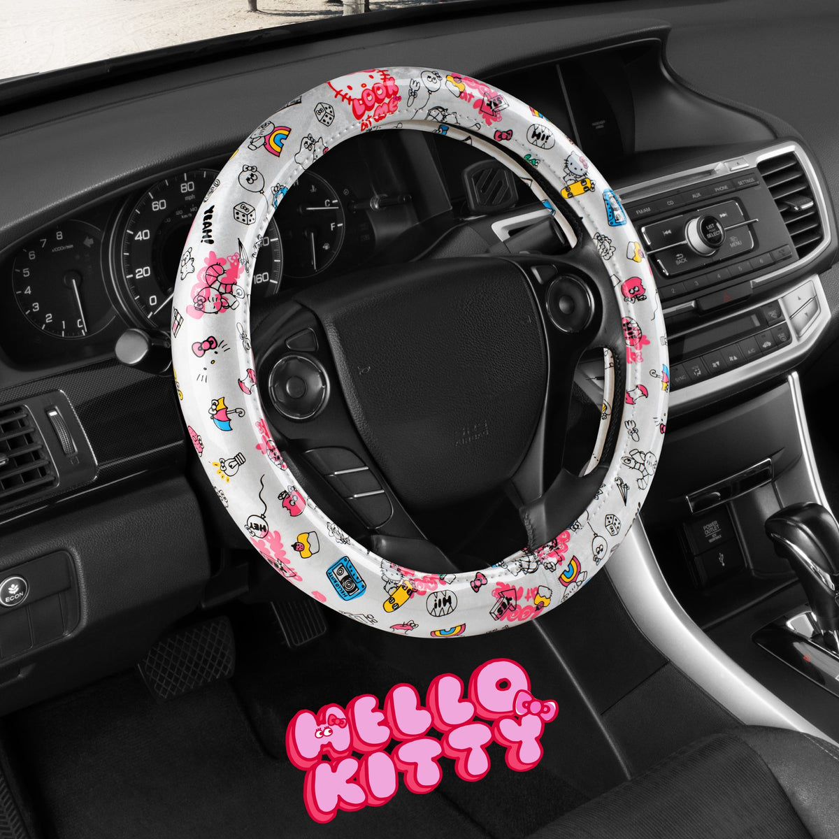Hallo Kitty Lenkrad Abdeckung, Offizielle Sanrio Auto Lenkrad Abdeckung mit Universalgröße 14.5 - 15.5, Niedlich Weißes Lenkrad Abdeckung für Frauen, Hallo Kitty Auto Zubehör (Hallo Kitty Look At Me)