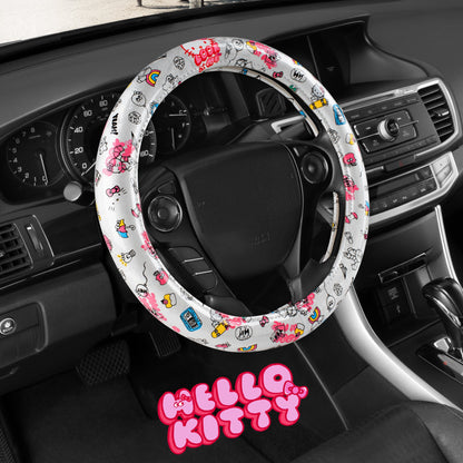 Hallo Kitty Lenkrad Abdeckung, Offizielle Sanrio Auto Lenkrad Abdeckung mit Universalgröße 14.5 - 15.5, Niedlich Weißes Lenkrad Abdeckung für Frauen, Hallo Kitty Auto Zubehör (Hallo Kitty Look At Me)