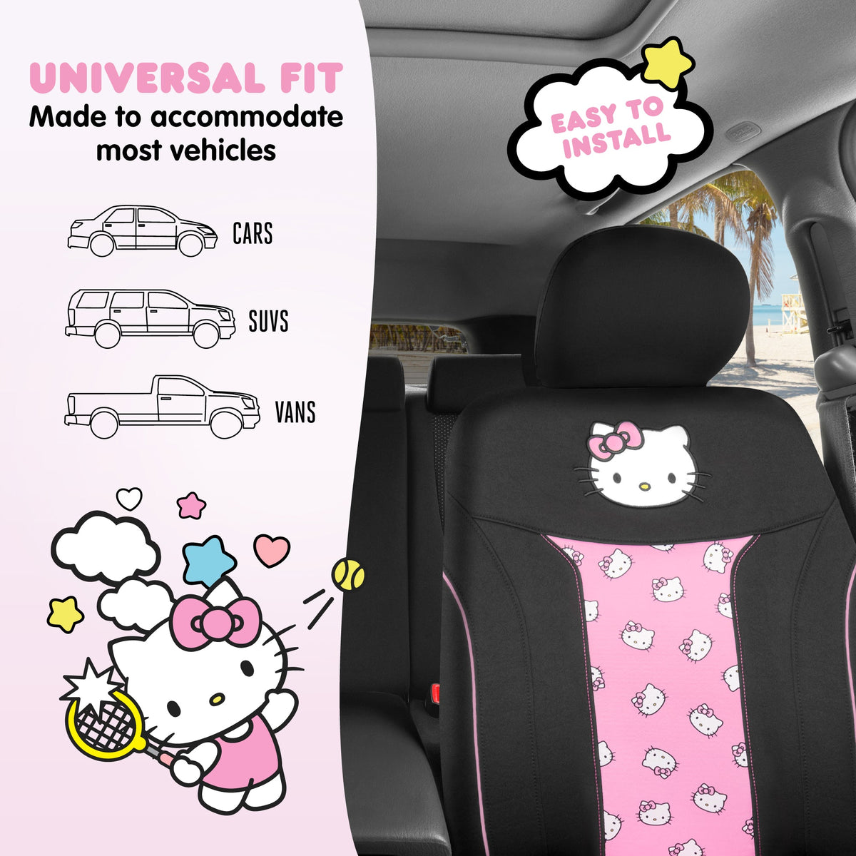 Hello Kitty Car Seat Cover - Niedliche und langlebige Pink Vordersitzbezug, Adorable Hello Kitty Design, Komfortable und lang anhaltende Polyester, Autozubehör Geschenk Hello Kitty Zubehör 1pc Schwarz / Pink