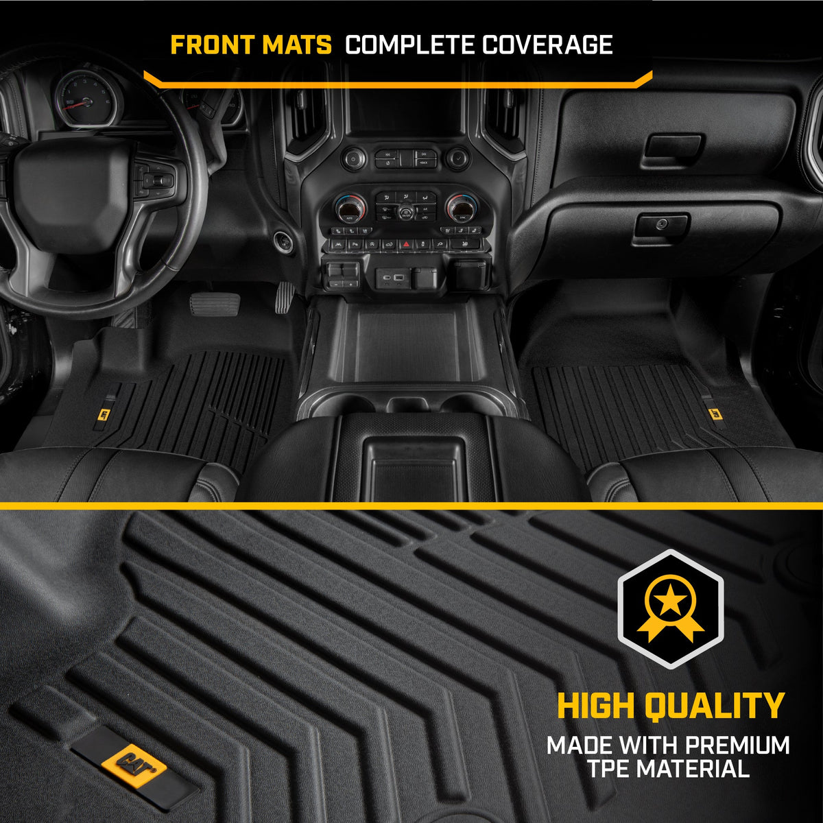 CAT® JustFitTM 3D Custom Fit Bodenmatten Chevrolet Silverado 1500/GMC Sierra 2019-2026, Chevy Silverado 2500HD/3500HD Crew Cab/GMC Sierra 2500HD/3500HD Crew Cab 2020-26 Bodenlinie Laser gemessen Front