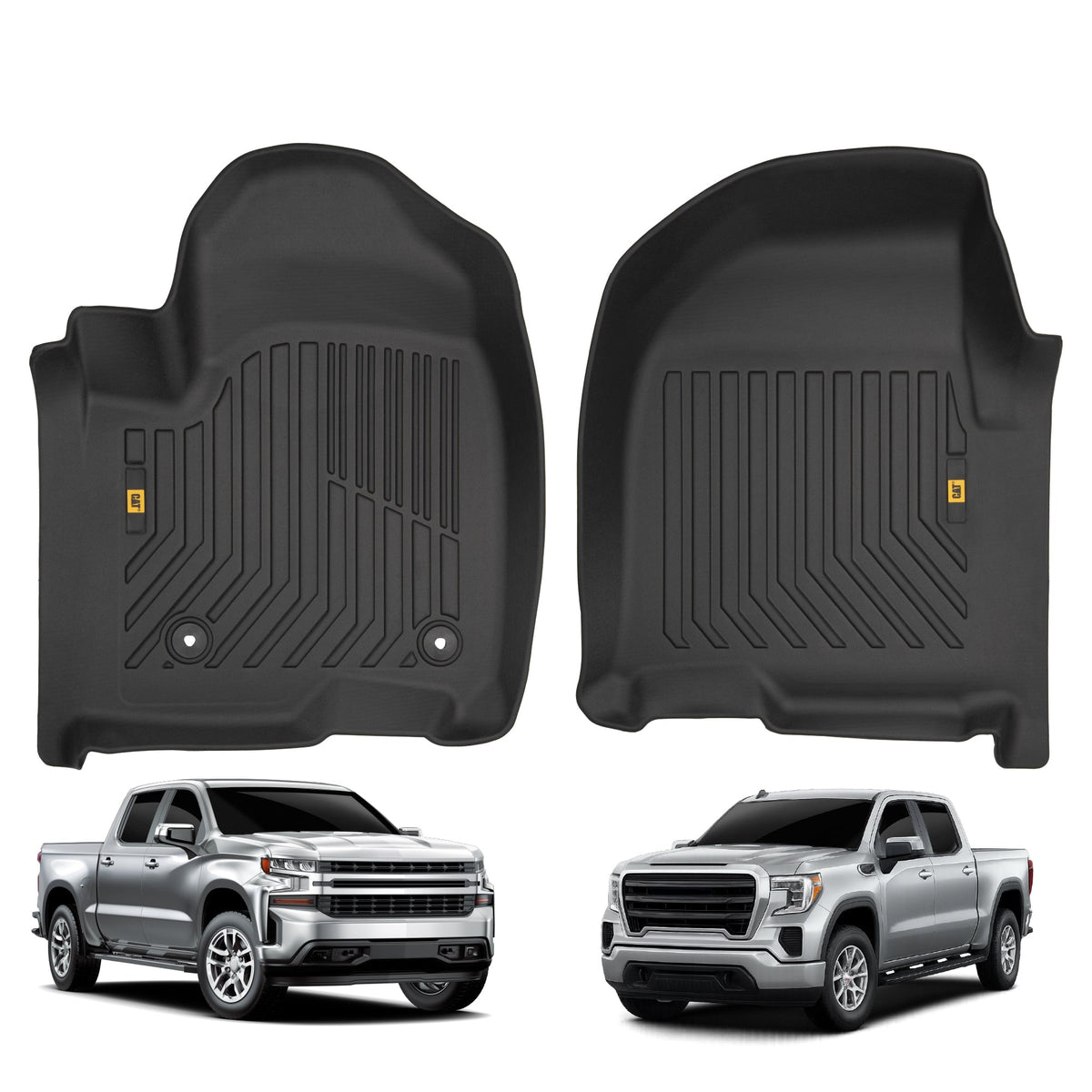 CAT® JustFitTM 3D Custom Fit Bodenmatten Chevrolet Silverado 1500/GMC Sierra 2019-2026, Chevy Silverado 2500HD/3500HD Crew Cab/GMC Sierra 2500HD/3500HD Crew Cab 2020-26 Bodenlinie Laser gemessen Front