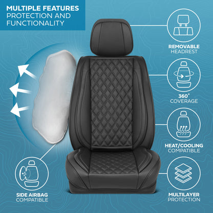 MotorBox Elite Edition Faux Ledersitz Abdeckungen für Autos, LKW und SUV - 2 schwarze Autositz Abdeckungen für Vordersitze - Universal Fit Car Zubehör Automotive Interior Cover Protector für die meisten Fahrzeuge