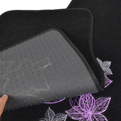BDK 5-Piece Purple & White Flowers Vorderbodenmatten, Hinterbodenmatten und Lenkradabdeckung (Fits 14.5' - 15.5')