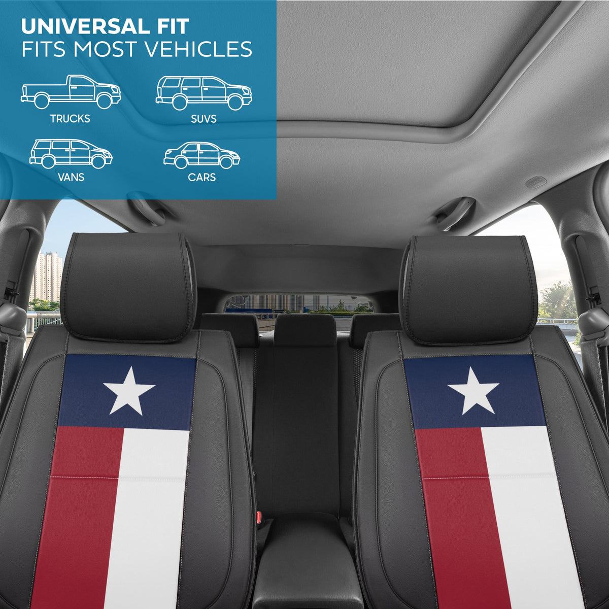 MotorBox Texas Edition Faux Leather Black & Flag Seat Covers für Auto - Texas Flag auf gepolsterten Sitzprotektoren für Automobilzubehör, LKW, SUV, Auto - zwei Frontabdeckungen