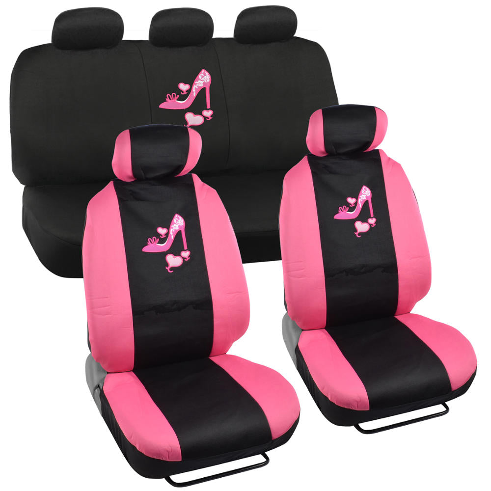 BDK 12-Piece Hot Pink Heels Vordersitzbezüge, Rücksitzbezüge, Sitzgurtpads und Lenkradbezüge (Fits 14.5' - 15.5')